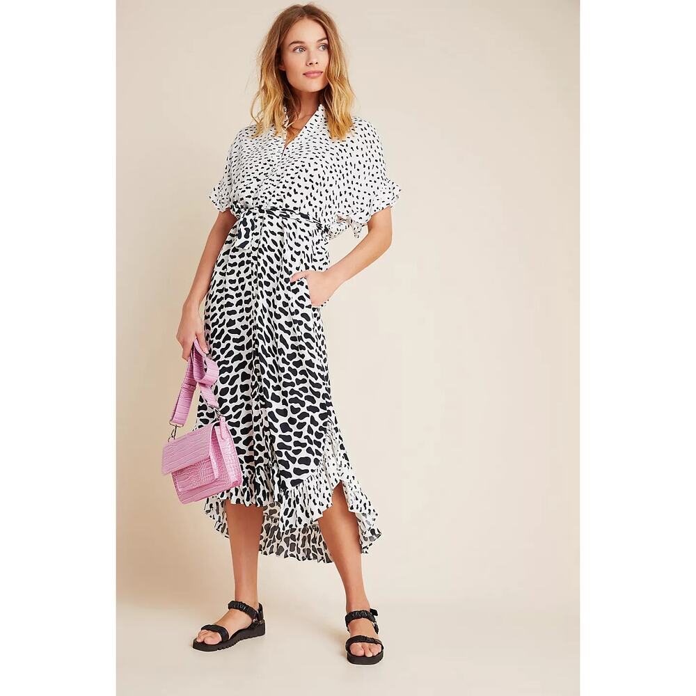 ANTHROPOLOGIE Corey Lynn Calter Ruffled Maxi Shirtdress Size Medium White Black